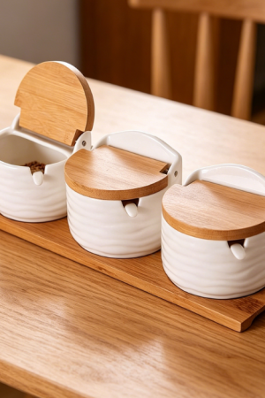 Ceramic Seasoning Set with Wave-Textured Flip-Top Lids