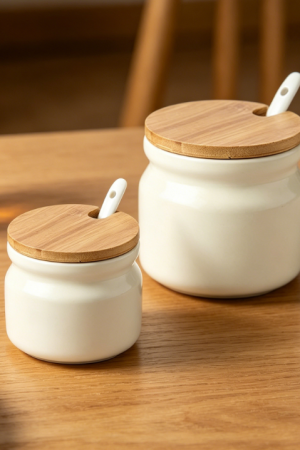 Ceramic Seasoning Jars with Natural Wood Lids (Large & Small Set)