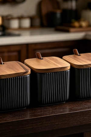 Black Vertical-Ribbed Ceramic Seasoning Set with Walnut Lids